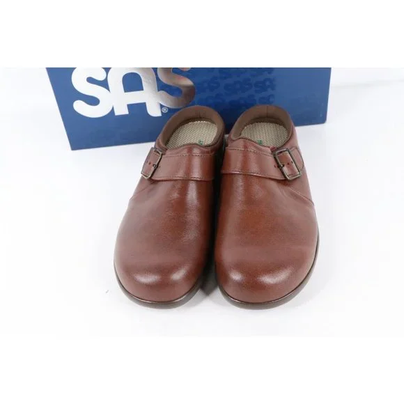New SAS San Antonio Shoemakers Womens 7.5 M Leather Buckle Clogs Shoes Teak USA